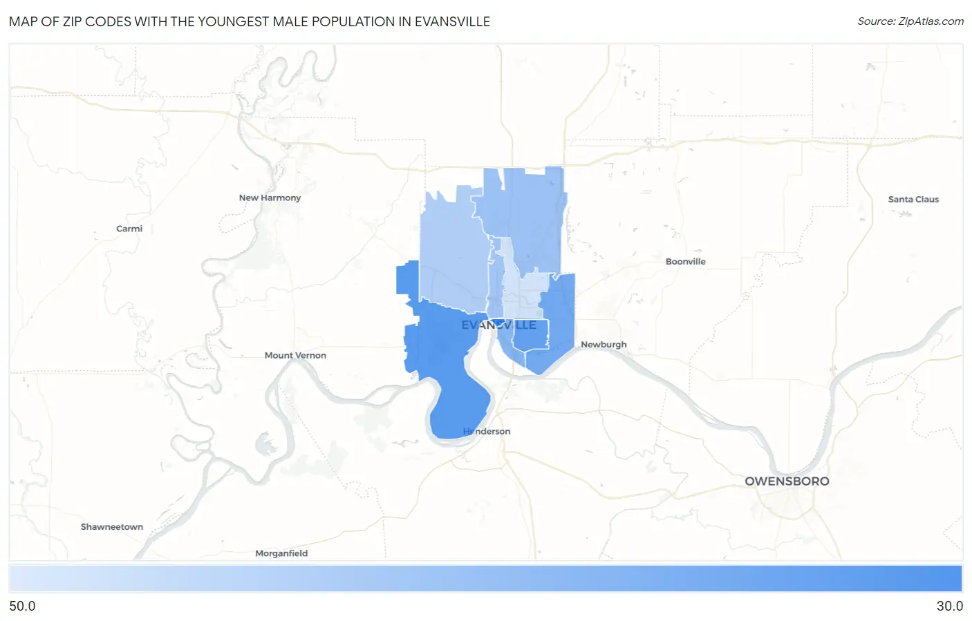 Zip Codes with the Youngest Male Population in Evansville Map