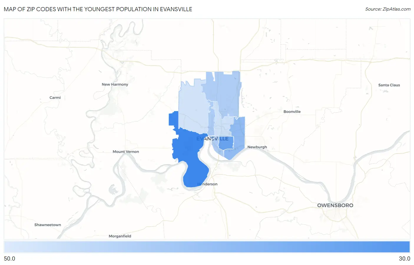 Zip Codes with the Youngest Population in Evansville Map