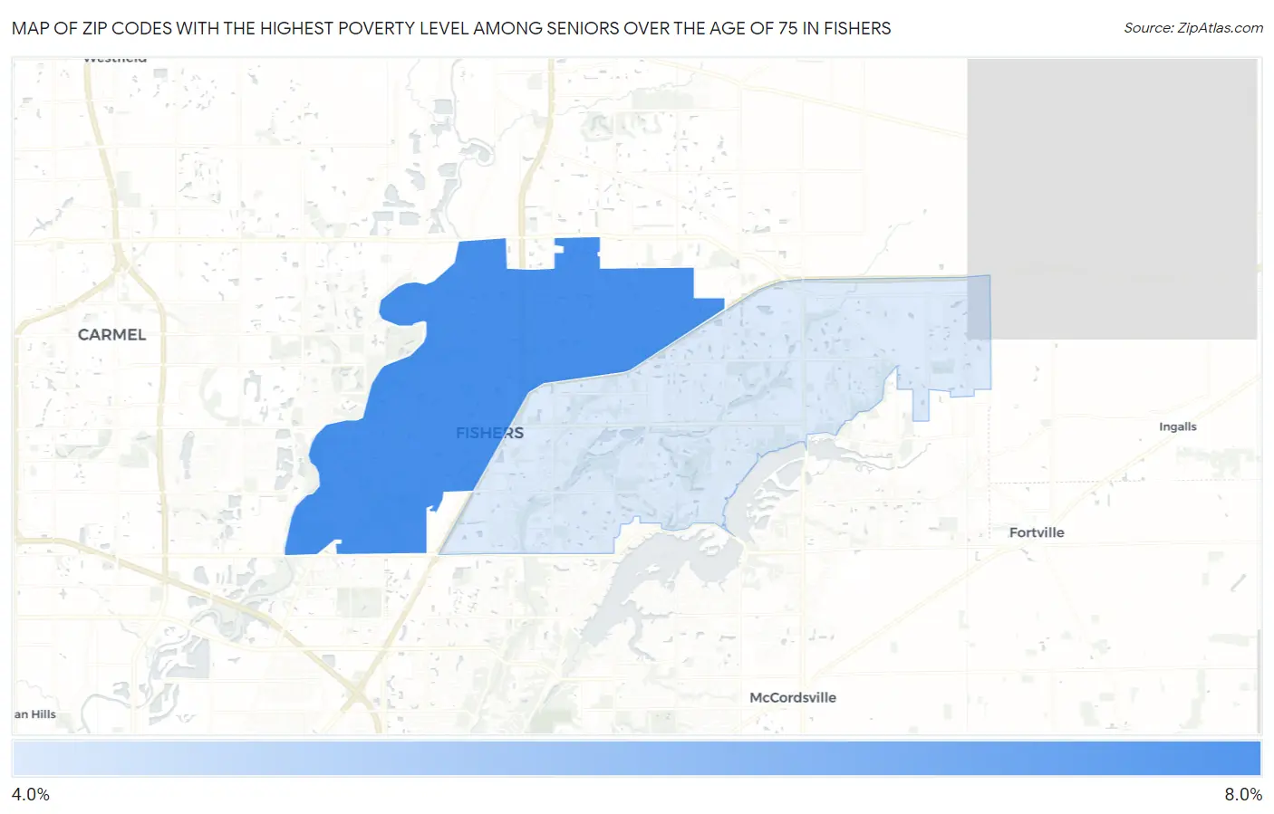 Zip Codes with the Highest Poverty Level Among Seniors Over the Age of 75 in Fishers Map