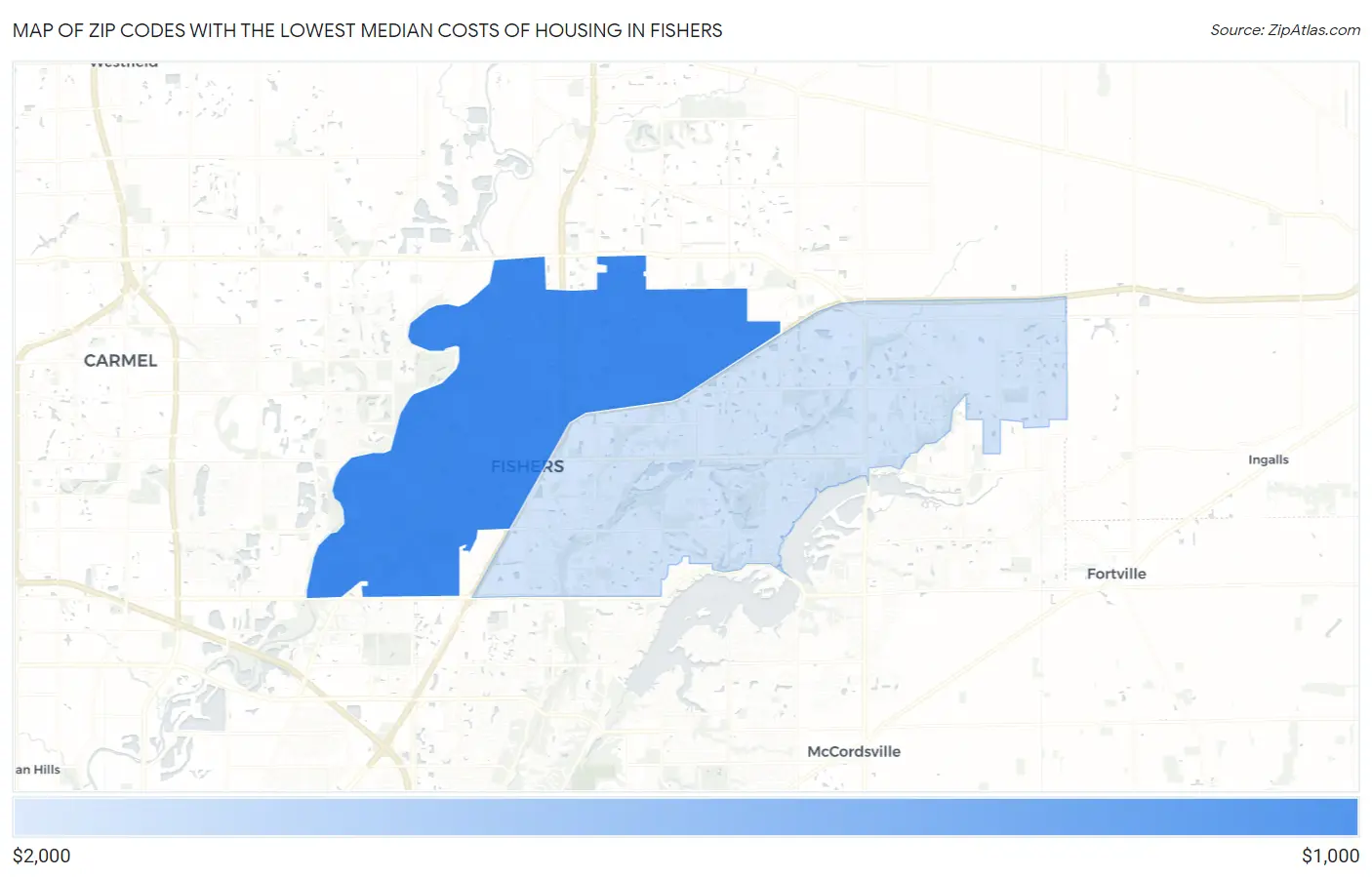 Zip Codes with the Lowest Median Costs of Housing in Fishers Map