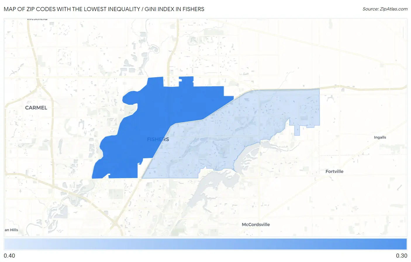Zip Codes with the Lowest Inequality / Gini Index in Fishers Map