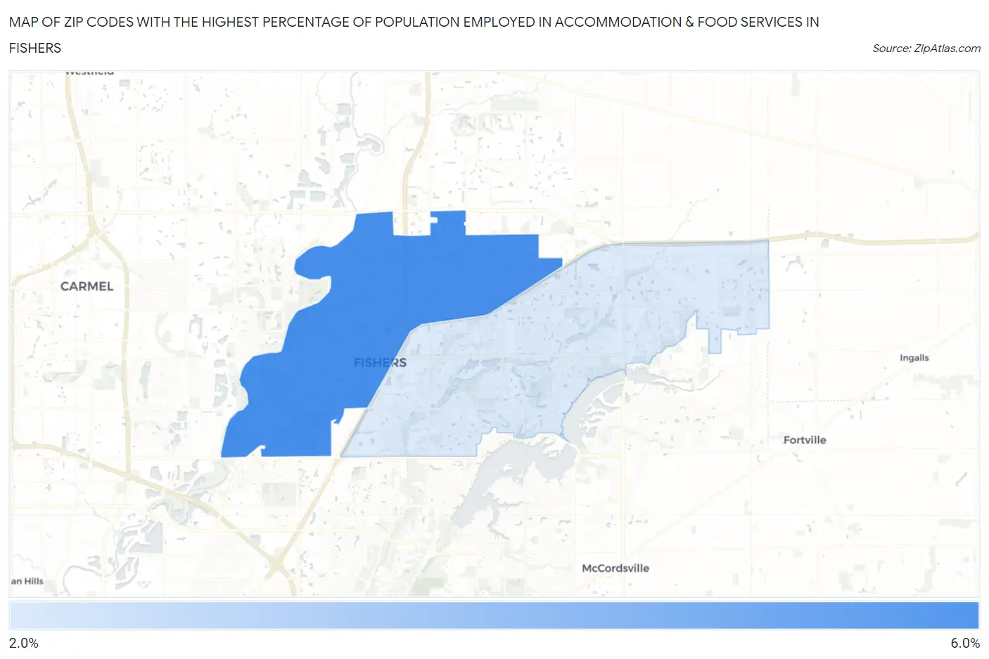 Zip Codes with the Highest Percentage of Population Employed in Accommodation & Food Services in Fishers Map