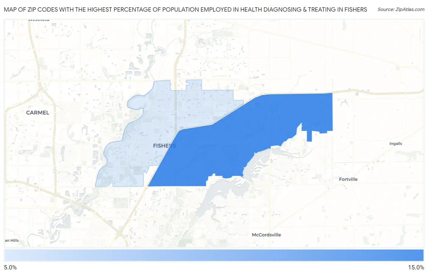 Zip Codes with the Highest Percentage of Population Employed in Health Diagnosing & Treating in Fishers Map