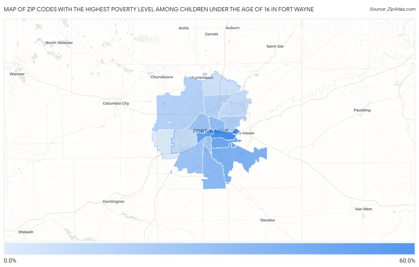 Zip Codes with the Highest Poverty Level Among Children Under the Age of 16 in Fort Wayne Map
