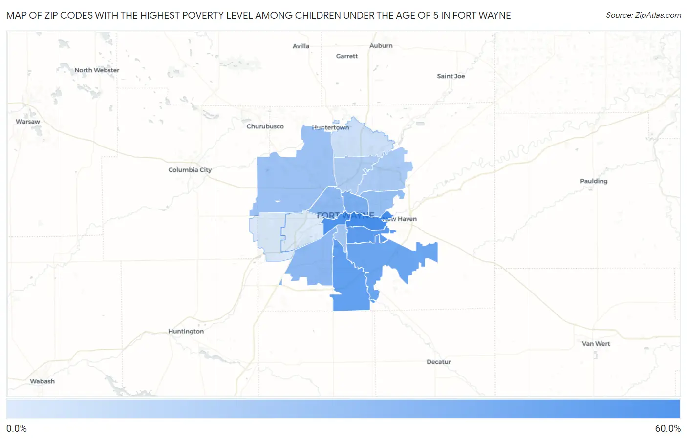 Zip Codes with the Highest Poverty Level Among Children Under the Age of 5 in Fort Wayne Map