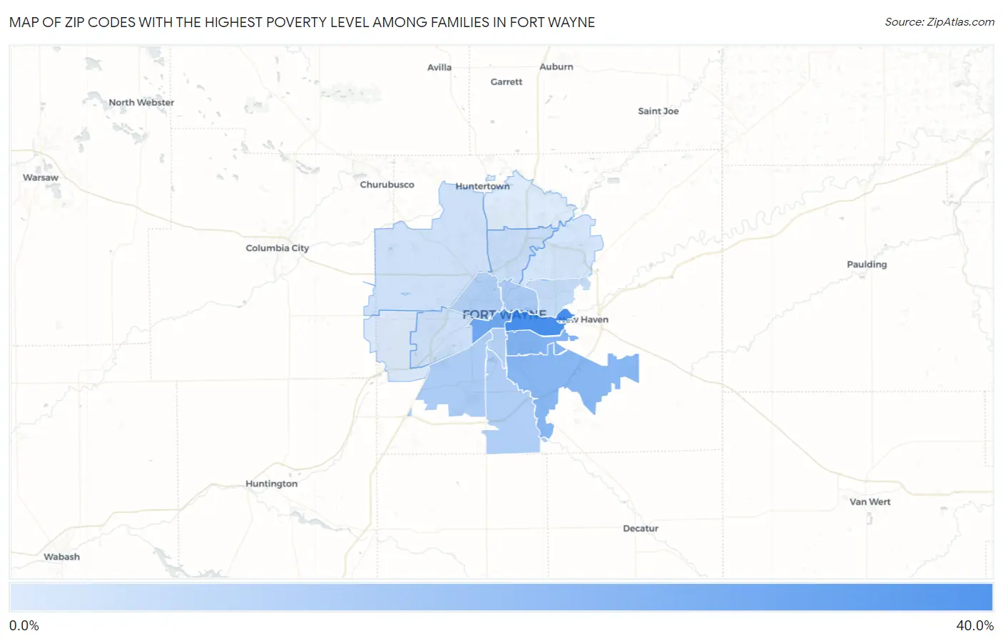 Zip Codes with the Highest Poverty Level Among Families in Fort Wayne Map