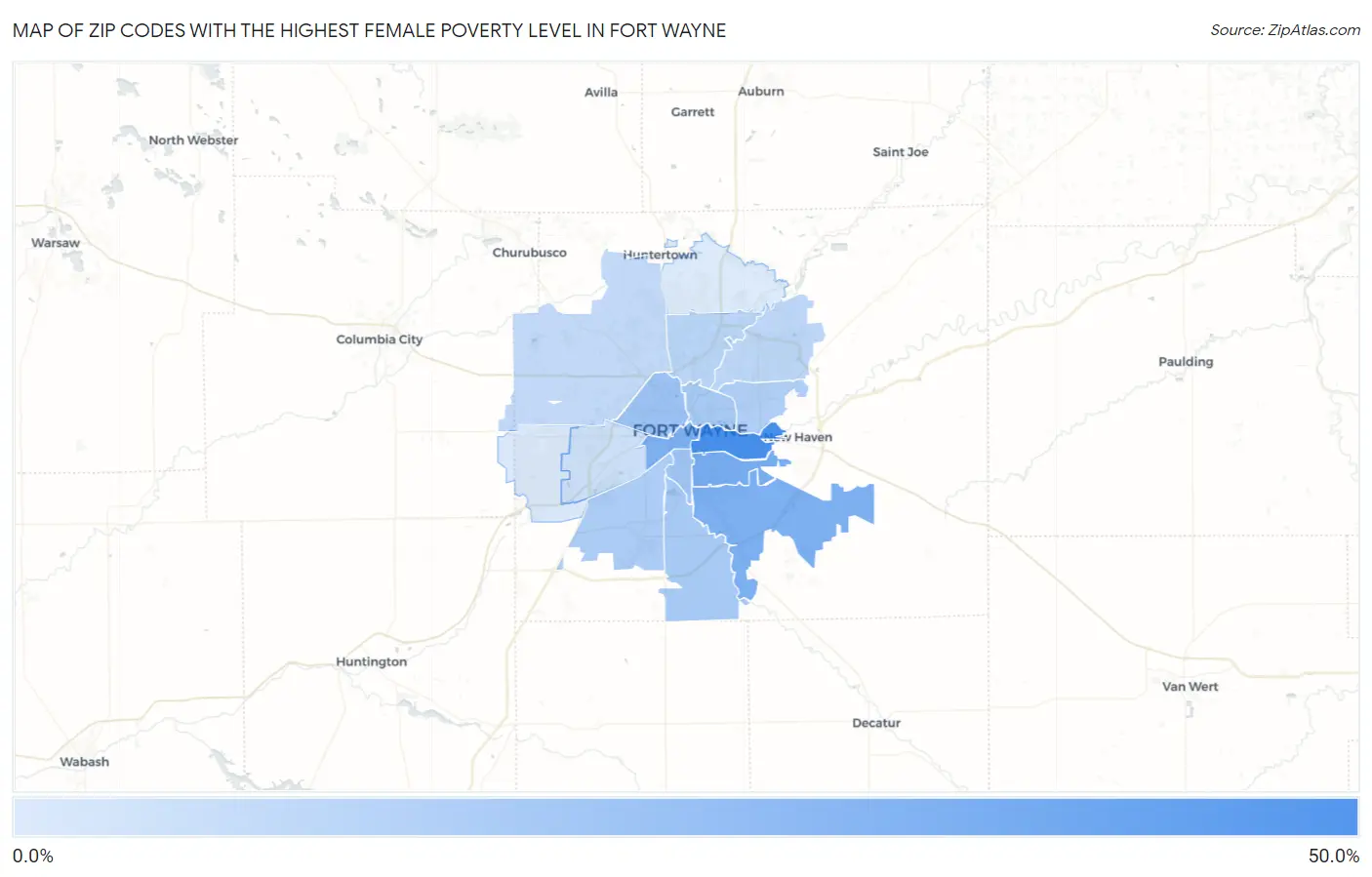 Zip Codes with the Highest Female Poverty Level in Fort Wayne Map