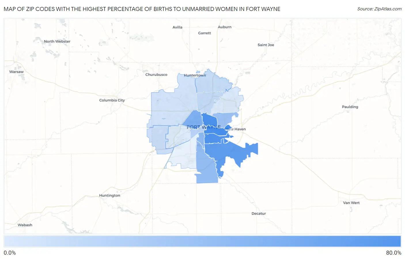 Zip Codes with the Highest Percentage of Births to Unmarried Women in Fort Wayne Map