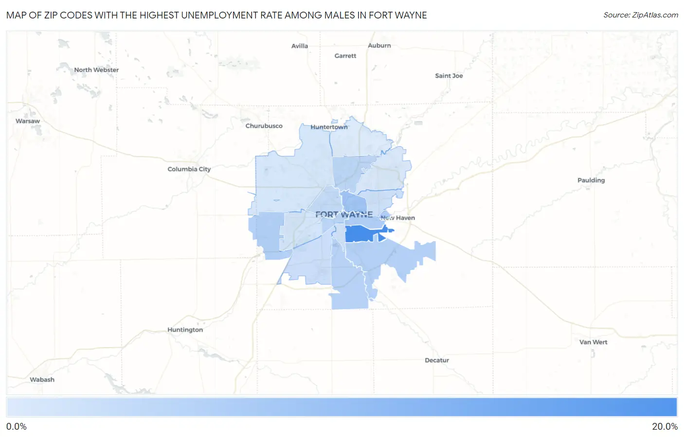 Zip Codes with the Highest Unemployment Rate Among Males in Fort Wayne Map