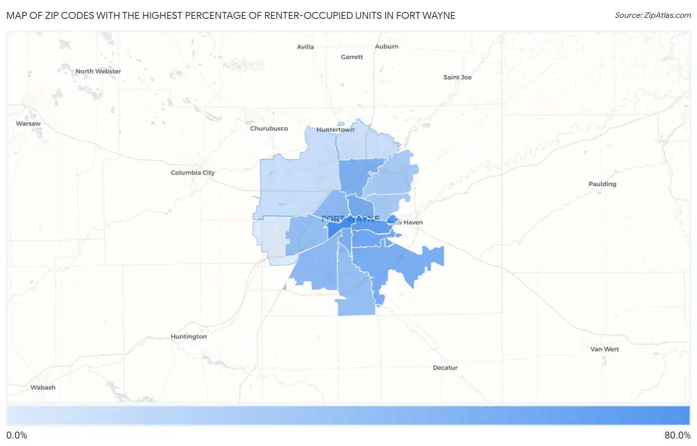 Zip Codes with the Highest Percentage of Renter-Occupied Units in Fort Wayne Map