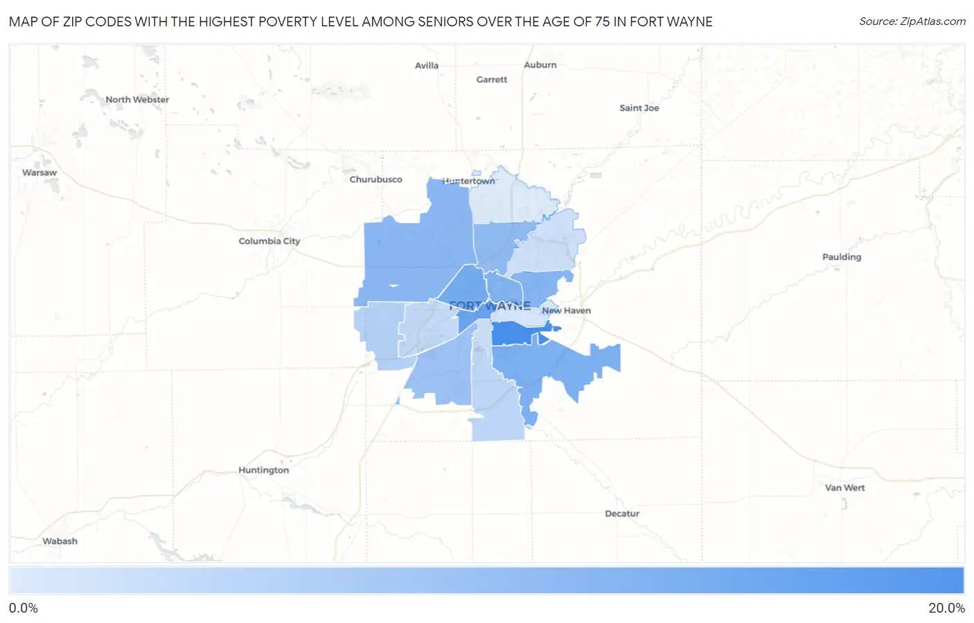 Zip Codes with the Highest Poverty Level Among Seniors Over the Age of 75 in Fort Wayne Map