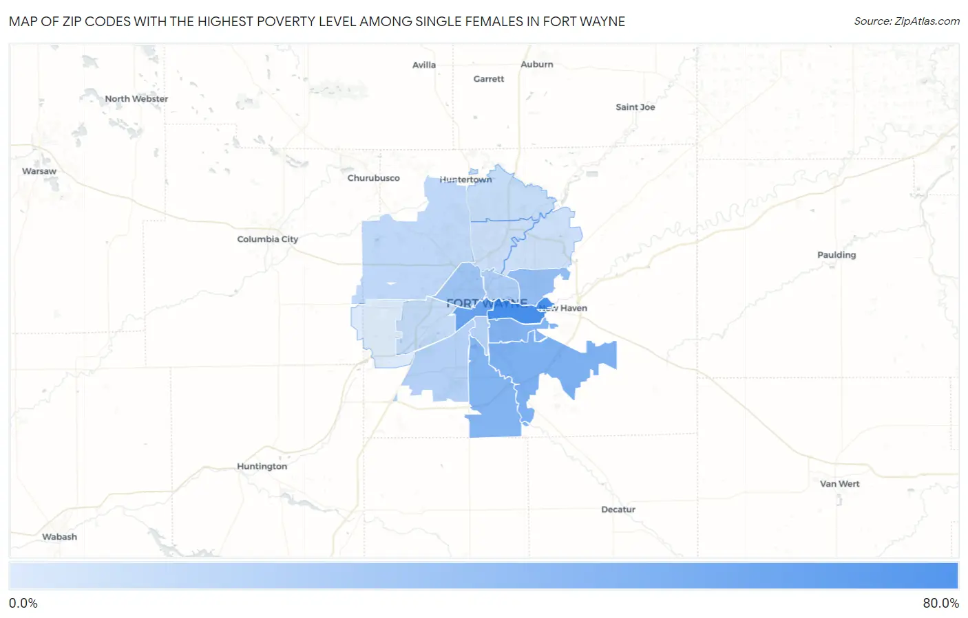Zip Codes with the Highest Poverty Level Among Single Females in Fort Wayne Map
