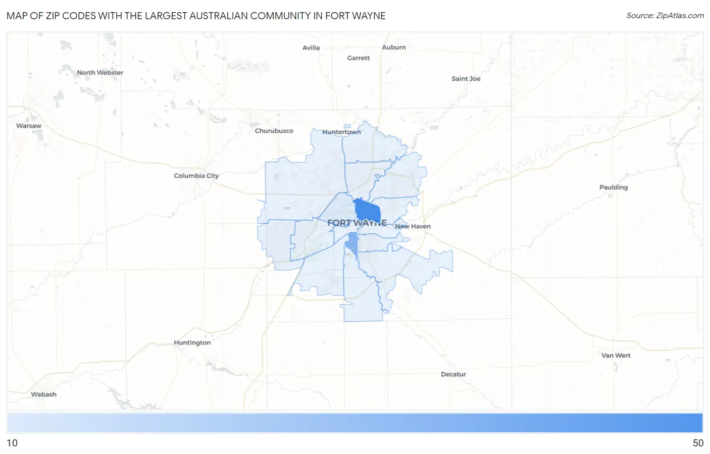 Zip Codes with the Largest Australian Community in Fort Wayne Map