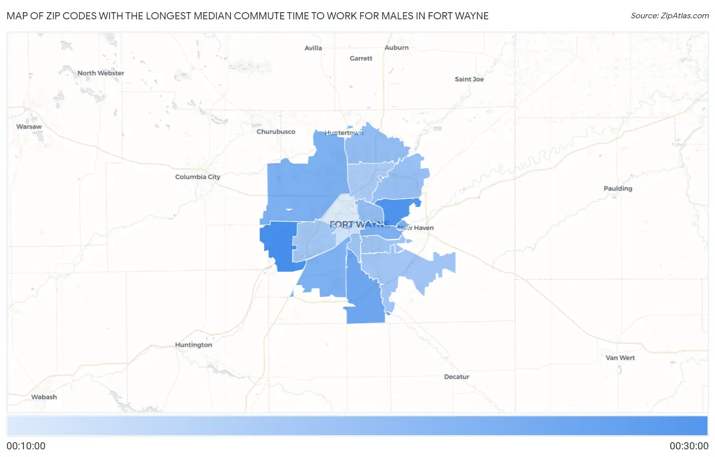 Zip Codes with the Longest Median Commute Time to Work for Males in Fort Wayne Map