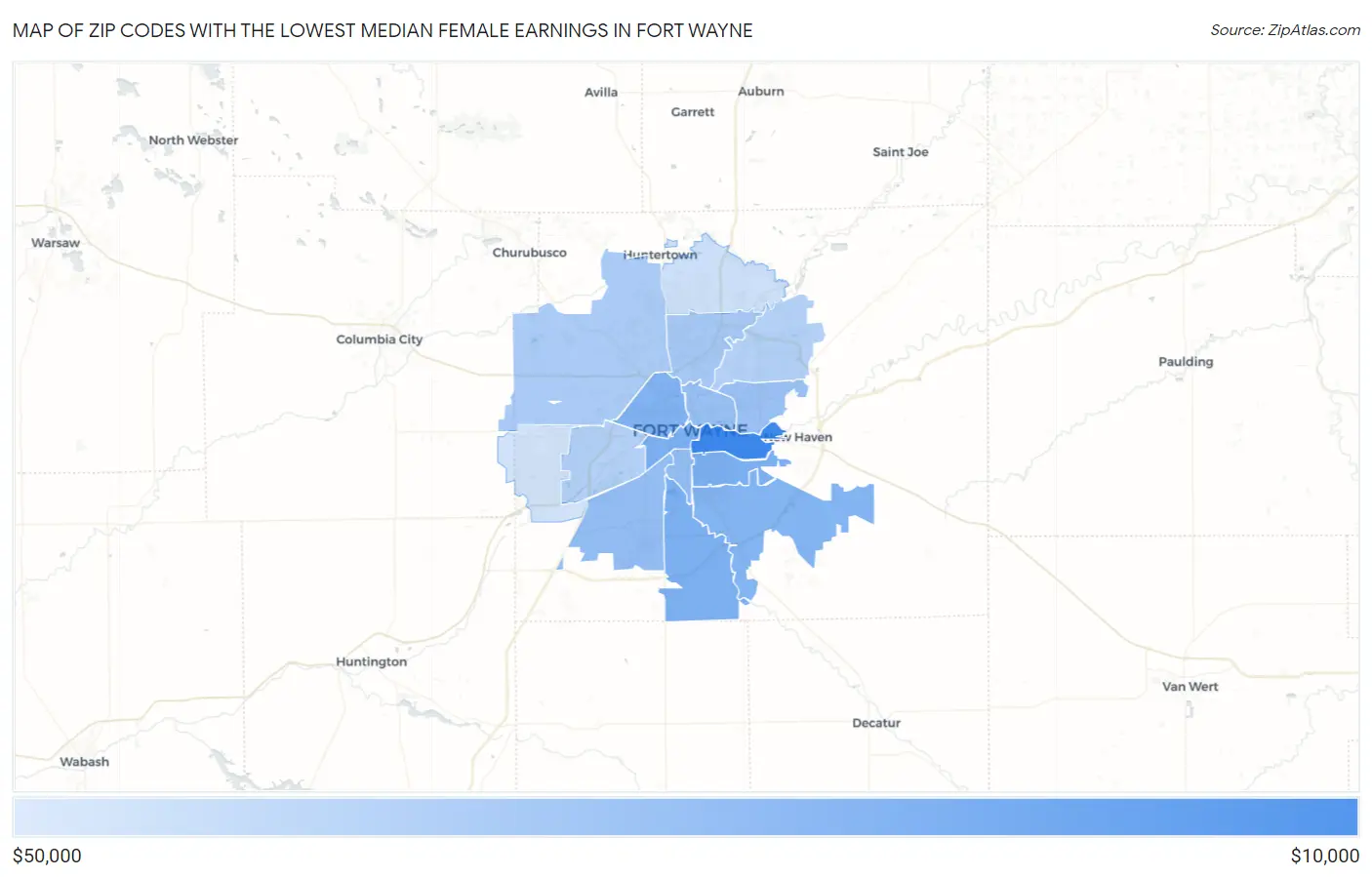 Zip Codes with the Lowest Median Female Earnings in Fort Wayne Map