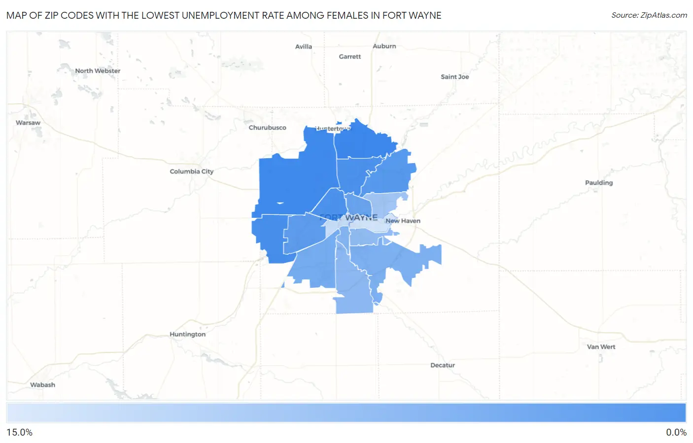 Zip Codes with the Lowest Unemployment Rate Among Females in Fort Wayne Map