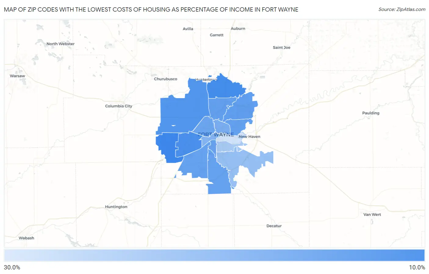 Zip Codes with the Lowest Costs of Housing as Percentage of Income in Fort Wayne Map