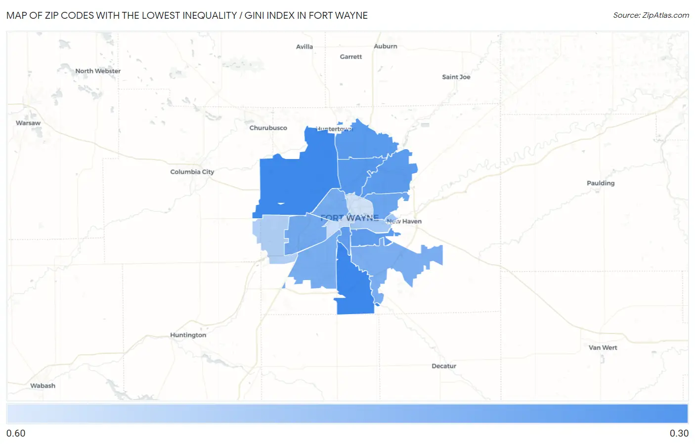 Zip Codes with the Lowest Inequality / Gini Index in Fort Wayne Map