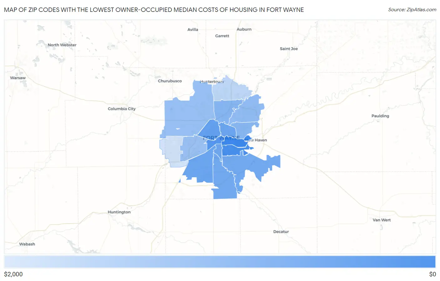 Zip Codes with the Lowest Owner-Occupied Median Costs of Housing in Fort Wayne Map