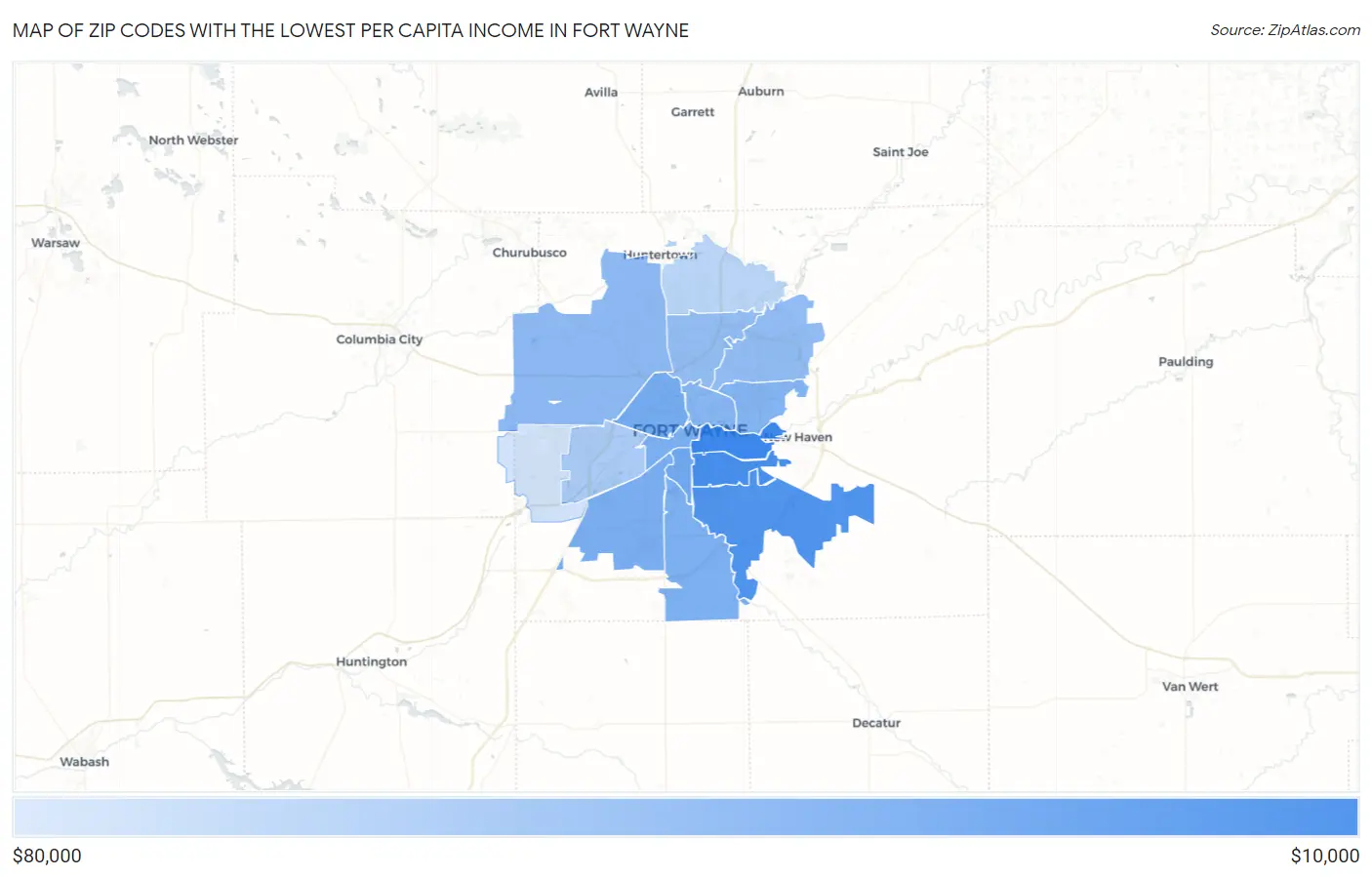 Zip Codes with the Lowest Per Capita Income in Fort Wayne Map