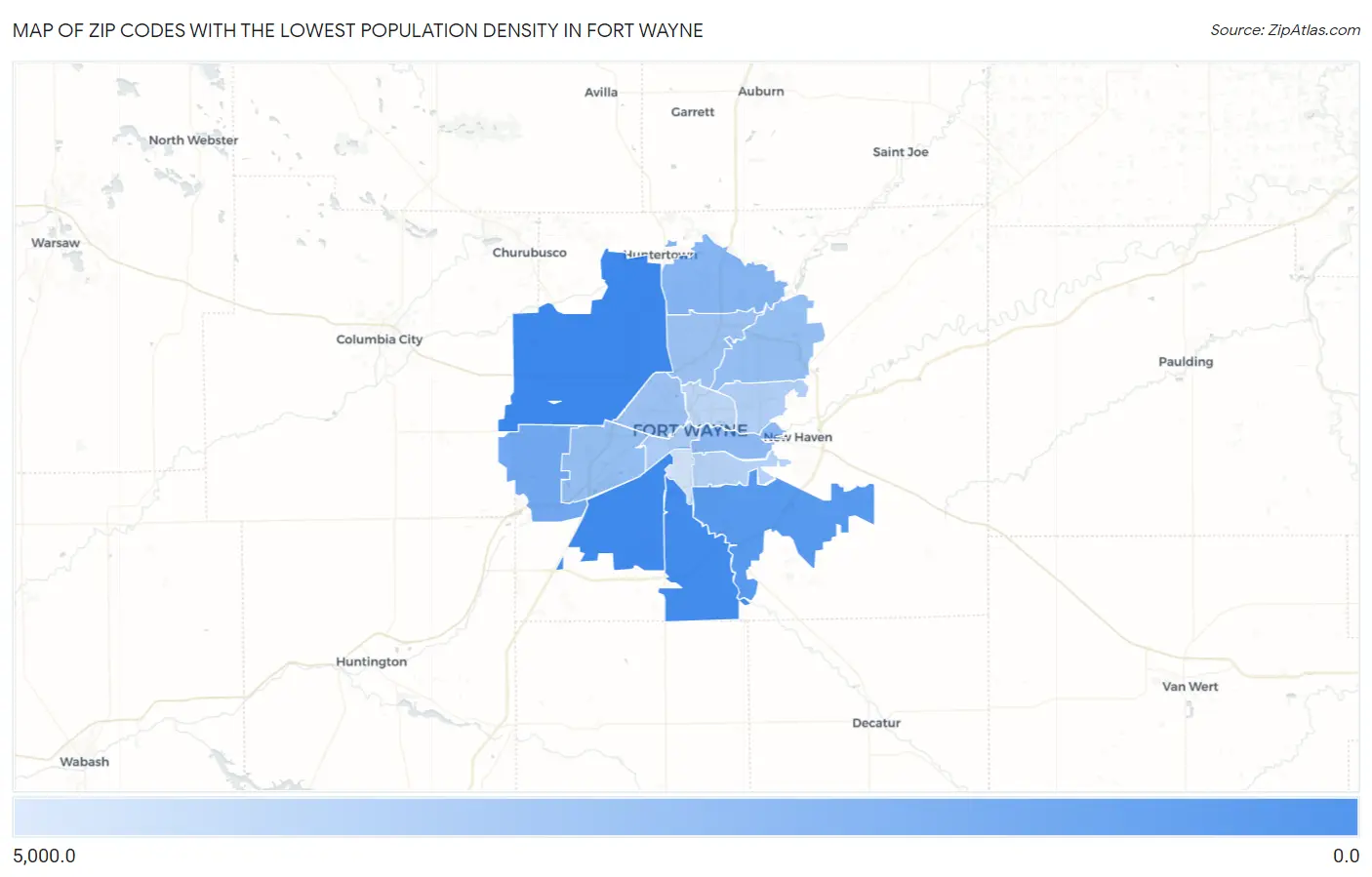 Zip Codes with the Lowest Population Density in Fort Wayne Map