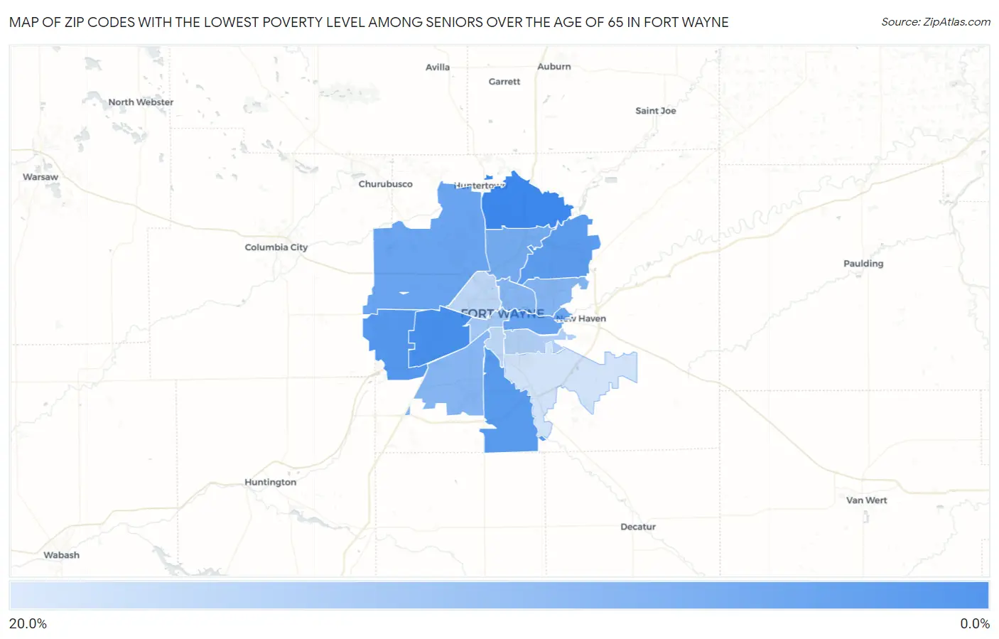 Zip Codes with the Lowest Poverty Level Among Seniors Over the Age of 65 in Fort Wayne Map