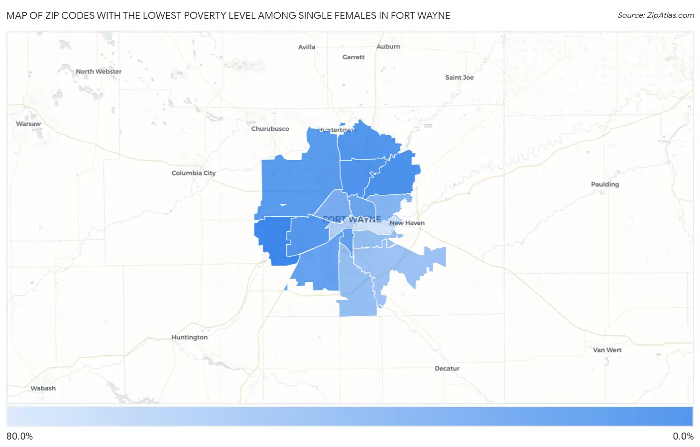 Zip Codes with the Lowest Poverty Level Among Single Females in Fort Wayne Map