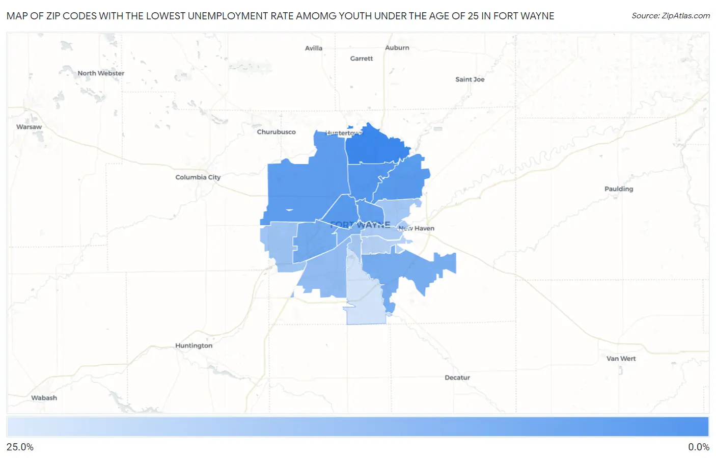 Zip Codes with the Lowest Unemployment Rate Amomg Youth Under the Age of 25 in Fort Wayne Map