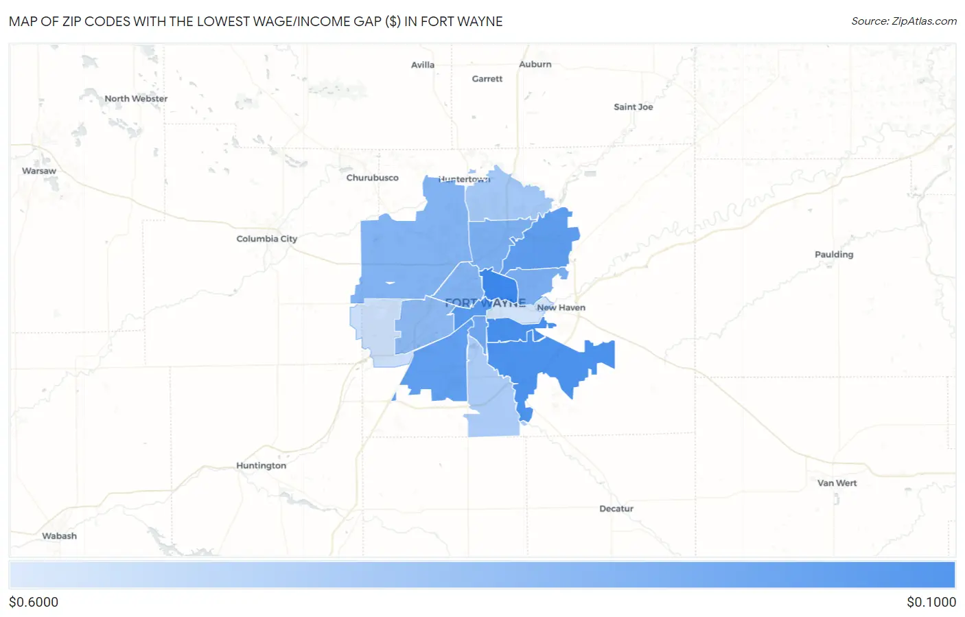 Zip Codes with the Lowest Wage/Income Gap ($) in Fort Wayne Map