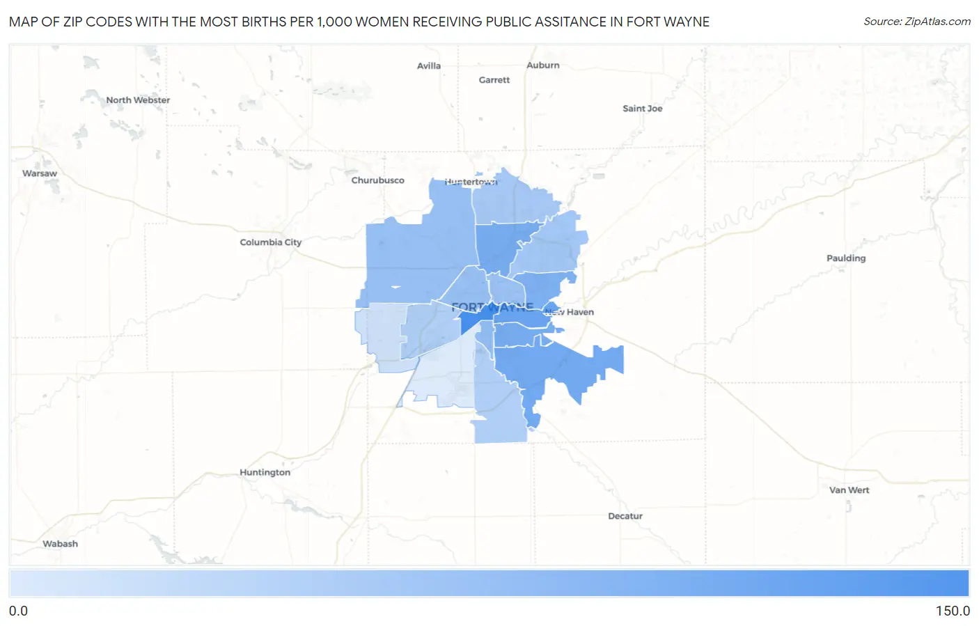 Zip Codes with the Most Births per 1,000 Women Receiving Public Assitance in Fort Wayne Map