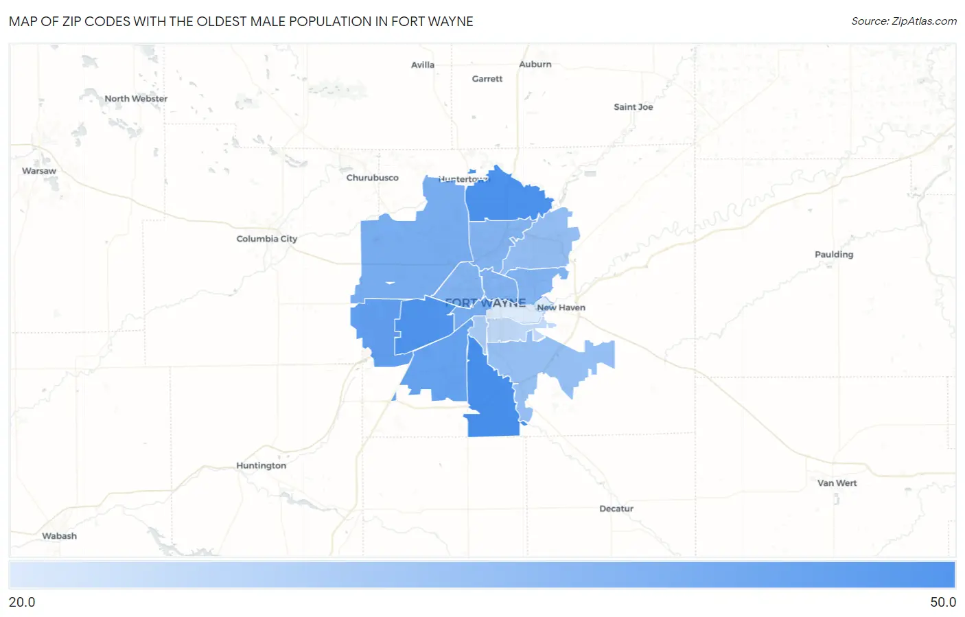 Zip Codes with the Oldest Male Population in Fort Wayne Map