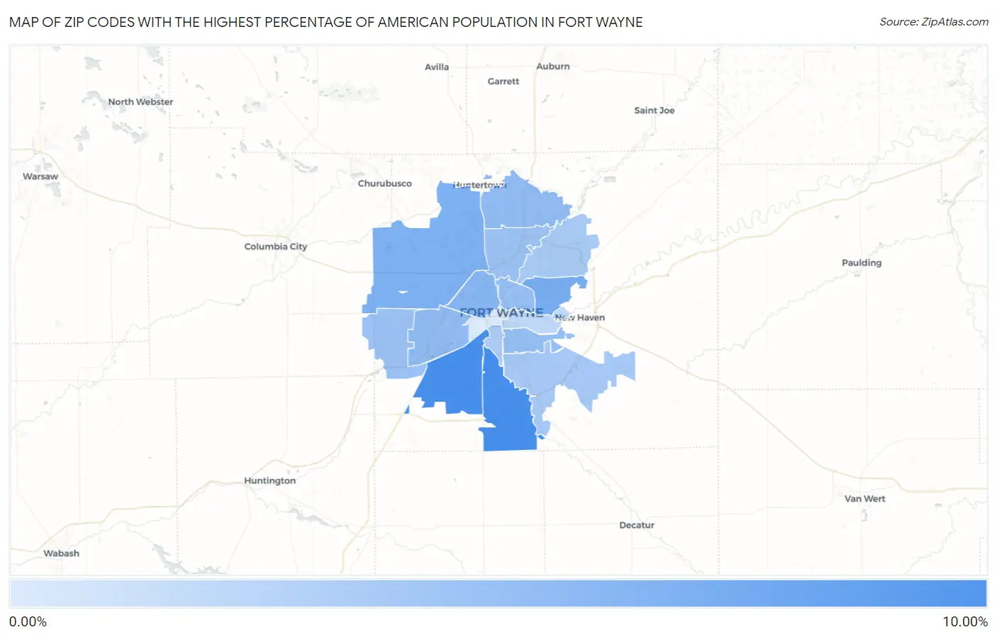 Zip Codes with the Highest Percentage of American Population in Fort Wayne Map