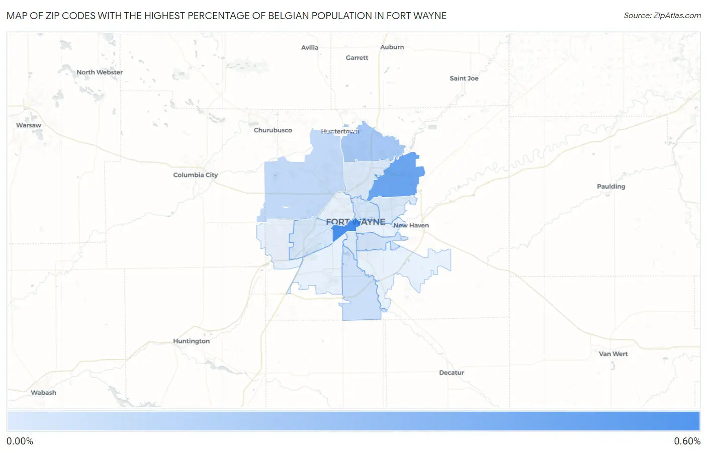 Zip Codes with the Highest Percentage of Belgian Population in Fort Wayne Map