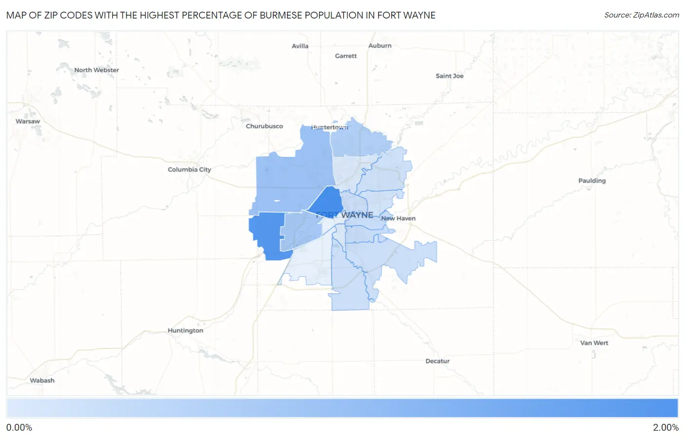 Zip Codes with the Highest Percentage of Burmese Population in Fort Wayne Map