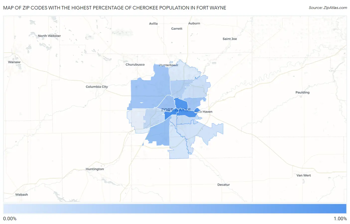 Zip Codes with the Highest Percentage of Cherokee Population in Fort Wayne Map
