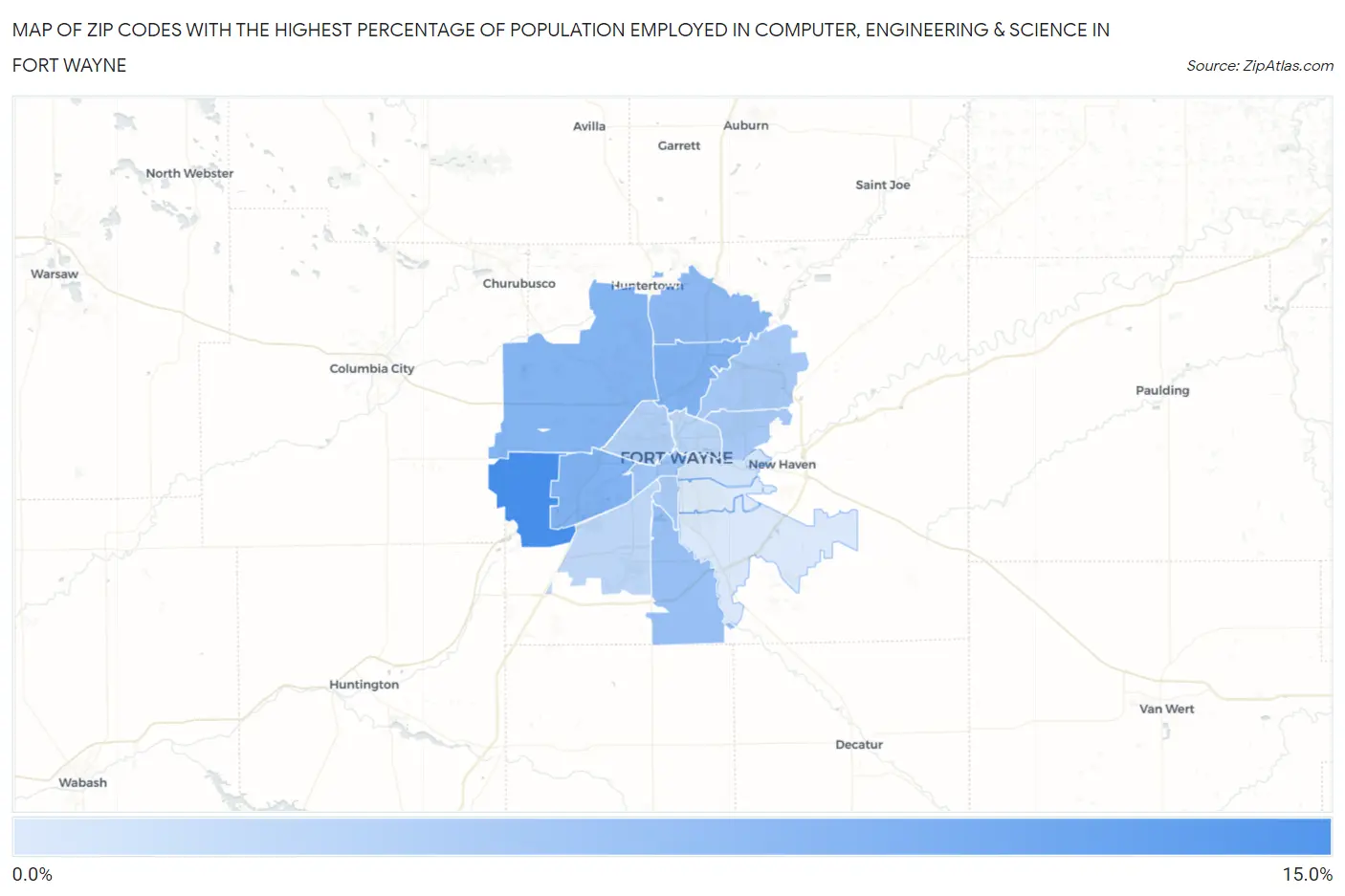 Zip Codes with the Highest Percentage of Population Employed in Computer, Engineering & Science in Fort Wayne Map