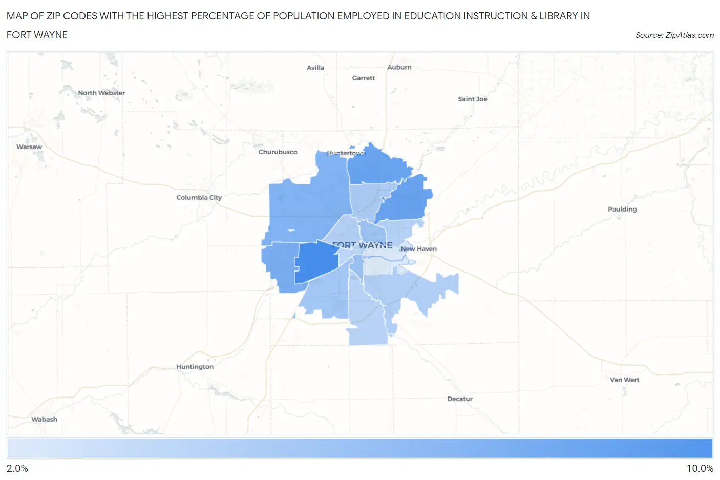 Zip Codes with the Highest Percentage of Population Employed in Education Instruction & Library in Fort Wayne Map