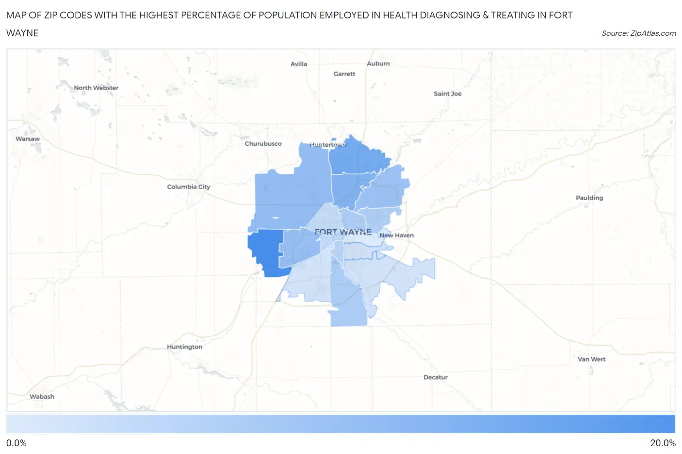 Zip Codes with the Highest Percentage of Population Employed in Health Diagnosing & Treating in Fort Wayne Map