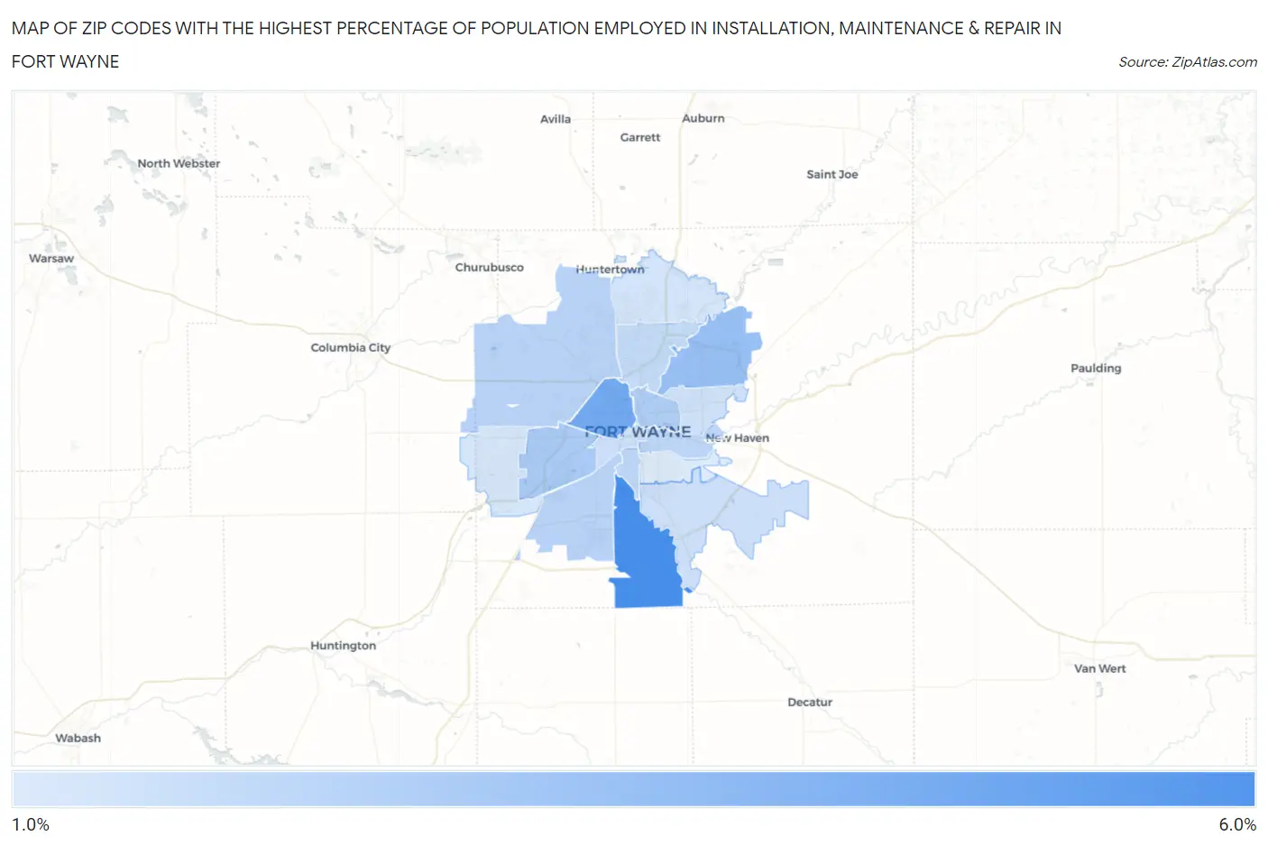 Zip Codes with the Highest Percentage of Population Employed in Installation, Maintenance & Repair in Fort Wayne Map