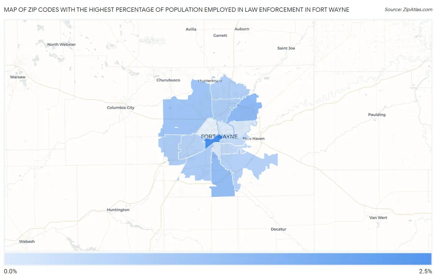 Zip Codes with the Highest Percentage of Population Employed in Law Enforcement in Fort Wayne Map