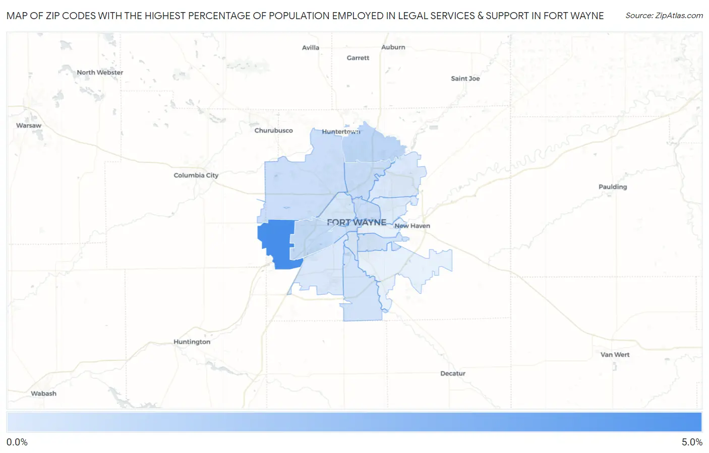 Zip Codes with the Highest Percentage of Population Employed in Legal Services & Support in Fort Wayne Map