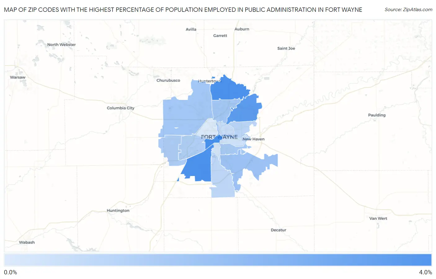 Zip Codes with the Highest Percentage of Population Employed in Public Administration in Fort Wayne Map