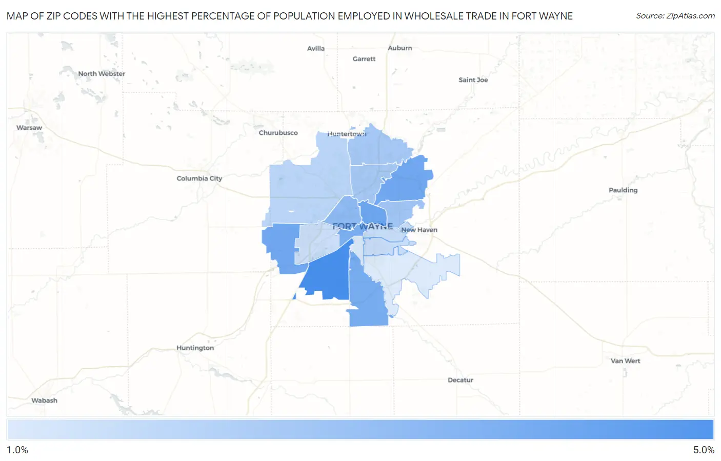 Zip Codes with the Highest Percentage of Population Employed in Wholesale Trade in Fort Wayne Map