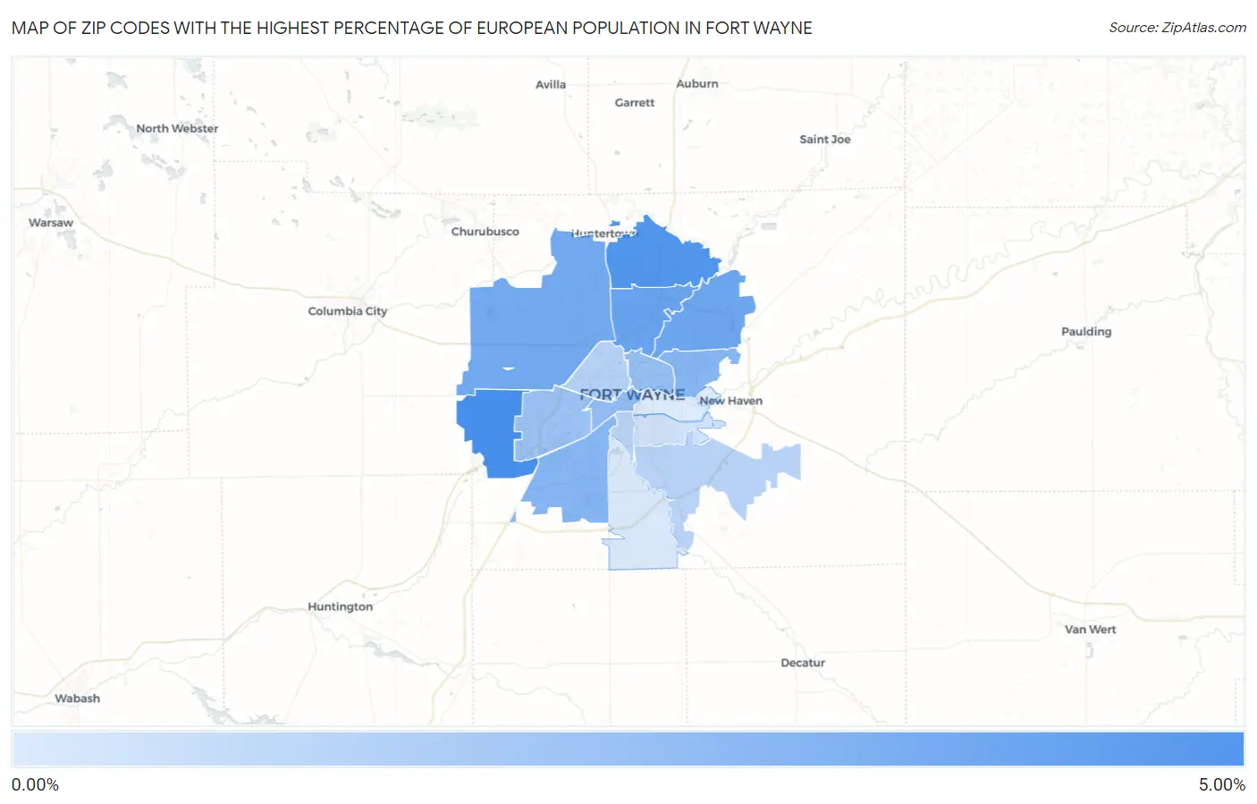Zip Codes with the Highest Percentage of European Population in Fort Wayne Map