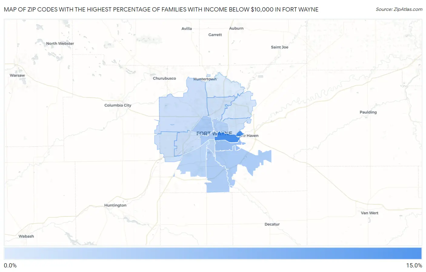Zip Codes with the Highest Percentage of Families with Income Below $10,000 in Fort Wayne Map