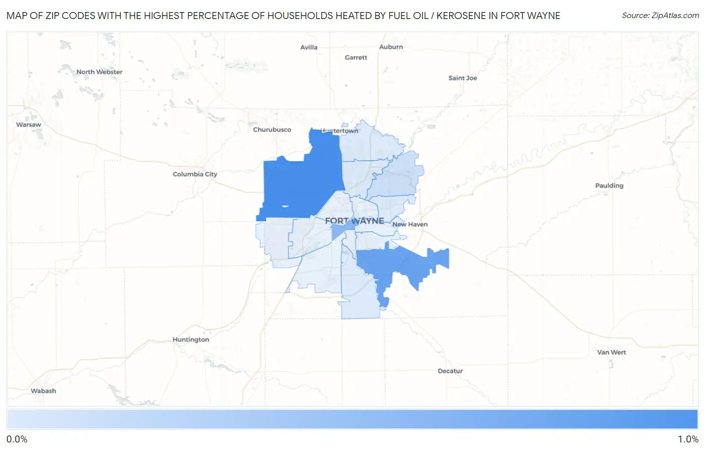 Zip Codes with the Highest Percentage of Households Heated by Fuel Oil / Kerosene in Fort Wayne Map
