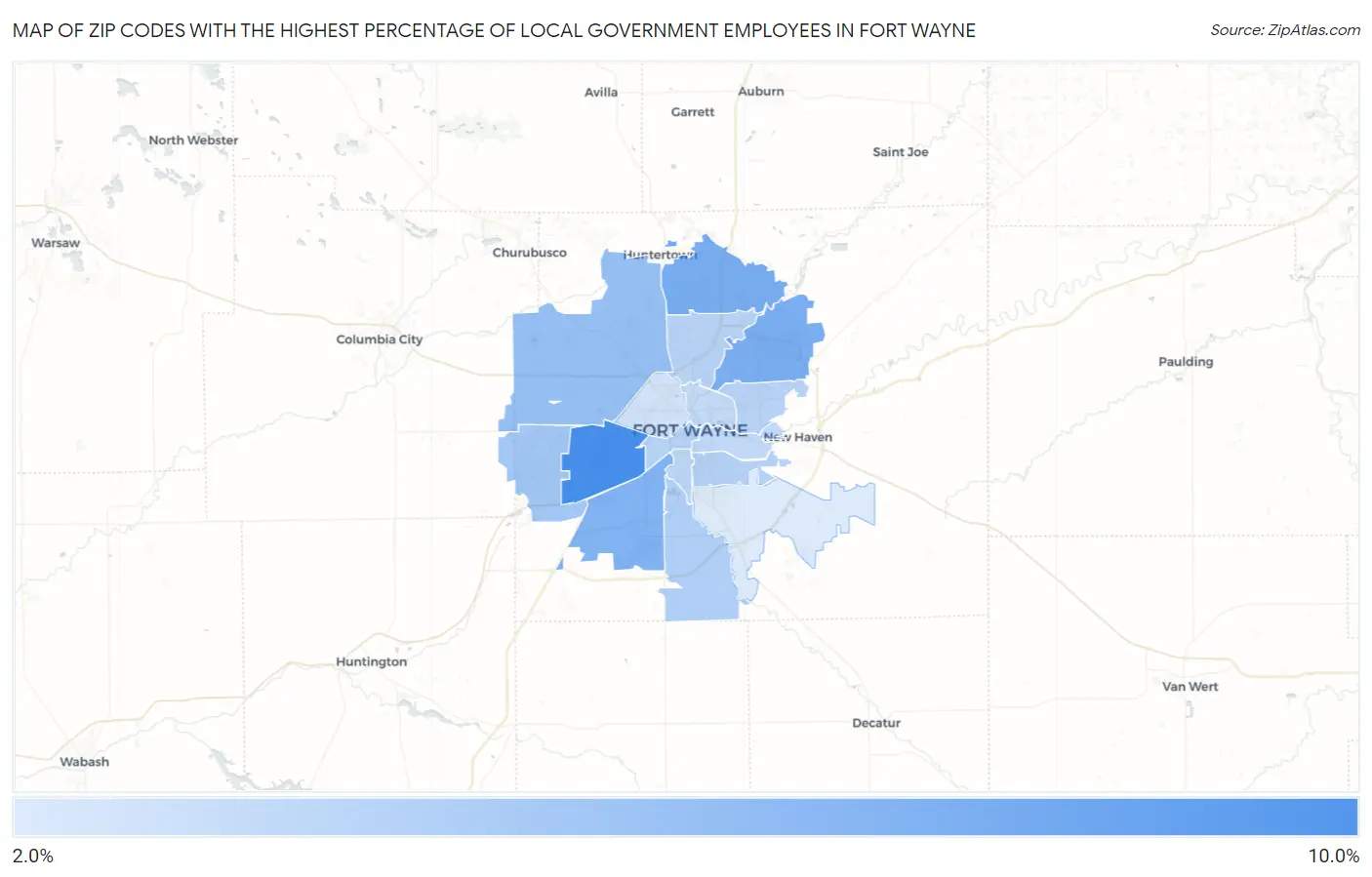 Zip Codes with the Highest Percentage of Local Government Employees in Fort Wayne Map