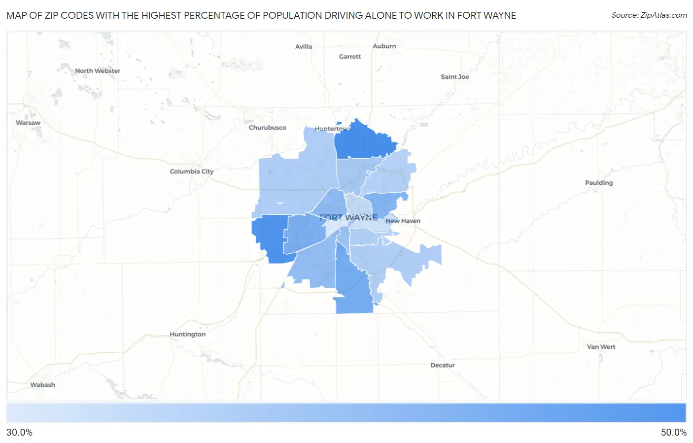 Zip Codes with the Highest Percentage of Population Driving Alone to Work in Fort Wayne Map
