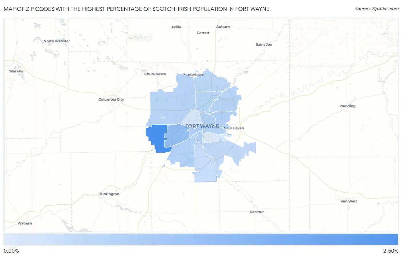 Zip Codes with the Highest Percentage of Scotch-Irish Population in Fort Wayne Map