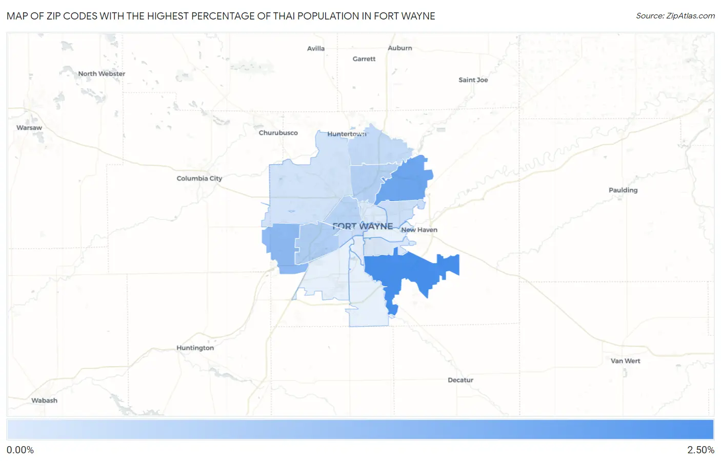Zip Codes with the Highest Percentage of Thai Population in Fort Wayne Map